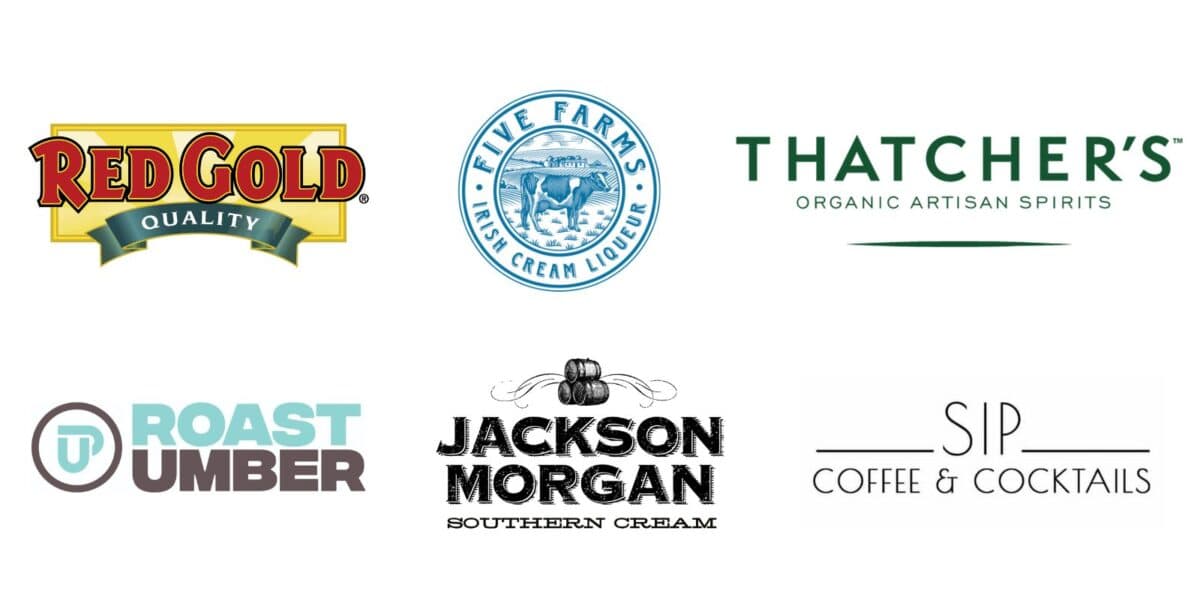 Logos for: Red Gold Tomatoes, Five Farms Irish Cream, Thatcher's Organic Spirits, Roast Umber Coffee, Jackson Morgan Bourbon Creme, SIP Coffee and Cocktails.